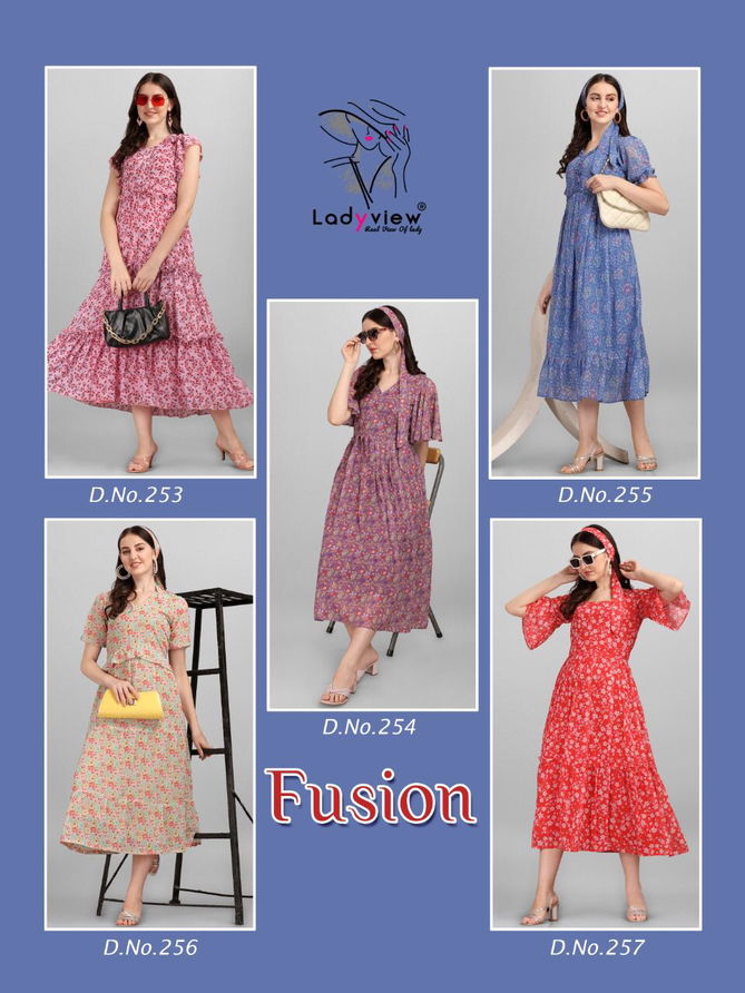 Ladyview Fusion Stylish Fancy Wear Wholesale Georgetta Printed Kurtis Catalog